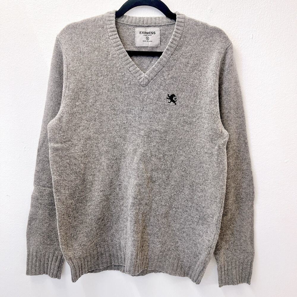Express 100% Lambs Wool Knit Sweater Men Small Gray Long Sleeve V-Neck Pullover